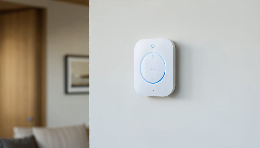 "White Z-Wave temperature sensor mounted on a wall in a modern home setting."