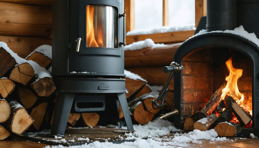 Shiny double-wall 8-inch stainless stovepipe connected to a black cast-iron wood stove glowing with fire, set in a cozy cabin; blurred background shows stacked firewood, a snowy window, and an old corroded pipe section.