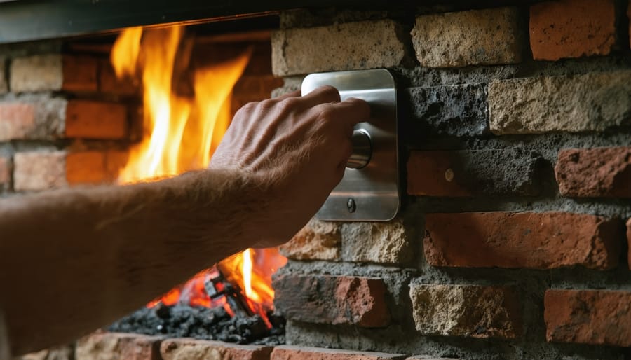 Close-up of a person’s hand turning a chrome flue knob on a brick fireplace surround, with a softly glowing firebox and mantel blurred in the background, illustrating damper adjustment for efficiency and safety.