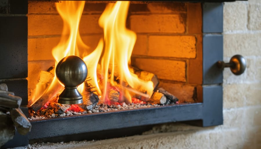 Hand adjusting fireplace flue knob with fire burning in background