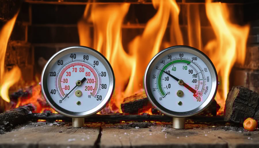 Side-by-side view of analog and digital temperature adjustment hydrometers on wooden surface