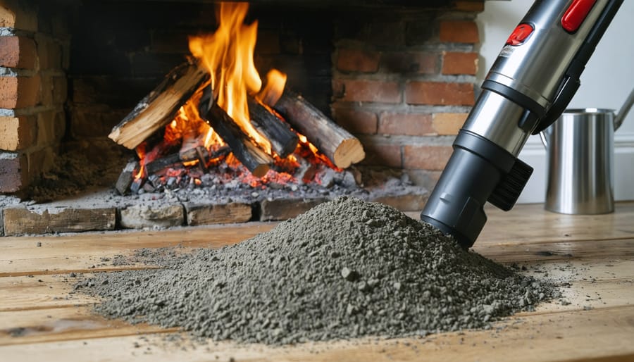 Close-up of a heat-resistant ash vacuum nozzle lifting fine gray ash from a brick fireplace hearth, with the metal canister and coiled hose blurred near stacked firewood in warm natural light.