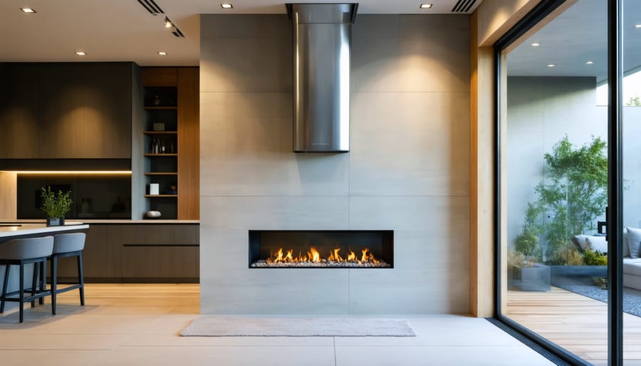 Modern bathroom fireplace installation with a sealed gas unit and visible 6-inch stainless double-wall coaxial vent pipe rising vertically, a single 90-degree elbow, and safe clearances from wooden studs and cabinetry, softly lit with tub and tile in the background.