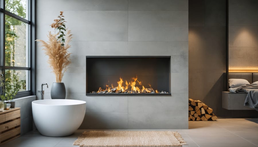 Modern bathroom with fireplace and visible 6-inch stainless steel vent pipe installation