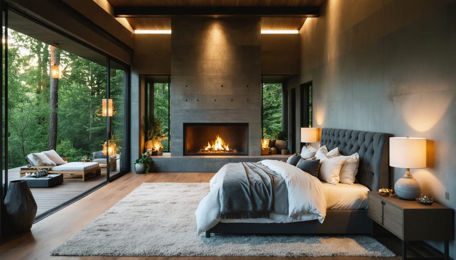 Three-sided fireplace installed between master bedroom and bathroom creating spa ambiance