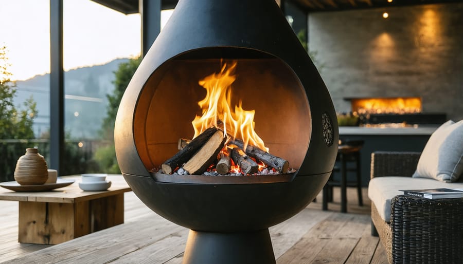 Modern bioethanol chiminea with blue flames on outdoor patio
