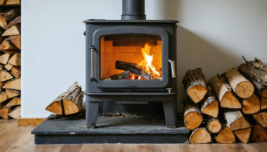 Person cleaning wood stove flue from inside using chimney brush and safety equipment