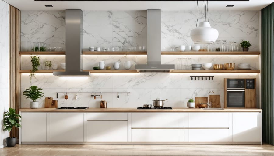 Person holding smartphone with energy monitoring app in modern kitchen