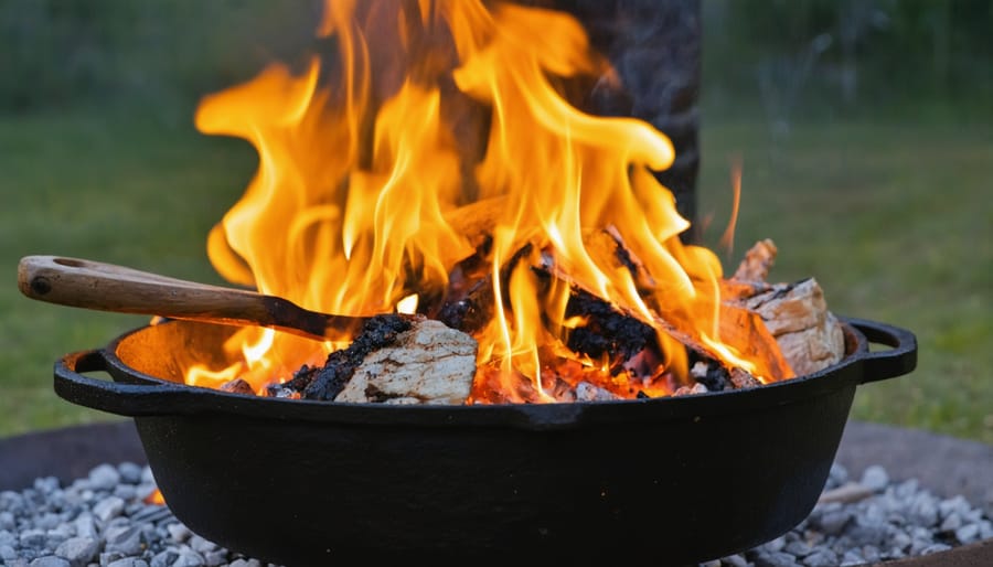 Cast iron skillet with vegetables cooking over fire pit grate with glowing coals