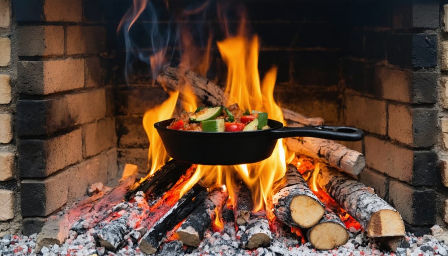 Cast iron Dutch oven and skillet on stone hearth beside wood-burning fireplace