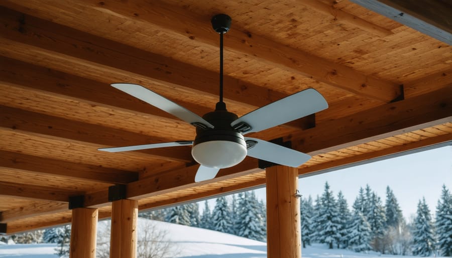 Ceiling fan with wooden blades rotating above fireplace room