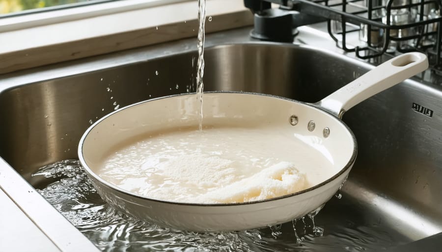 Hand holding a white ceramic frying pan over a sink with a soft sponge and running water, with an open dishwasher blurred in the background of a modern kitchen