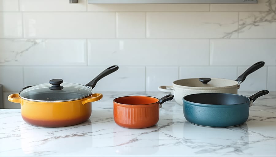 Side-by-side comparison of pure ceramic cookware and ceramic-coated pan on kitchen counter