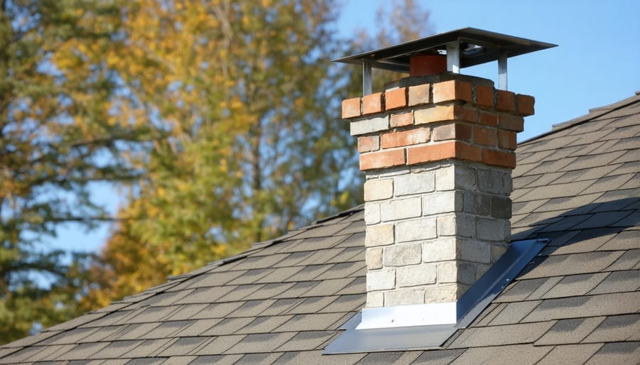 Roofer installing metal flashing around brick chimney on metal roof