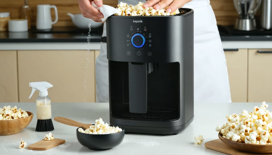 Close-up of hands wiping the inside of an unplugged electric popcorn popper with a damp cloth, with baking soda paste and a soft brush on the counter; softly lit kitchen background with a bowl of popcorn.