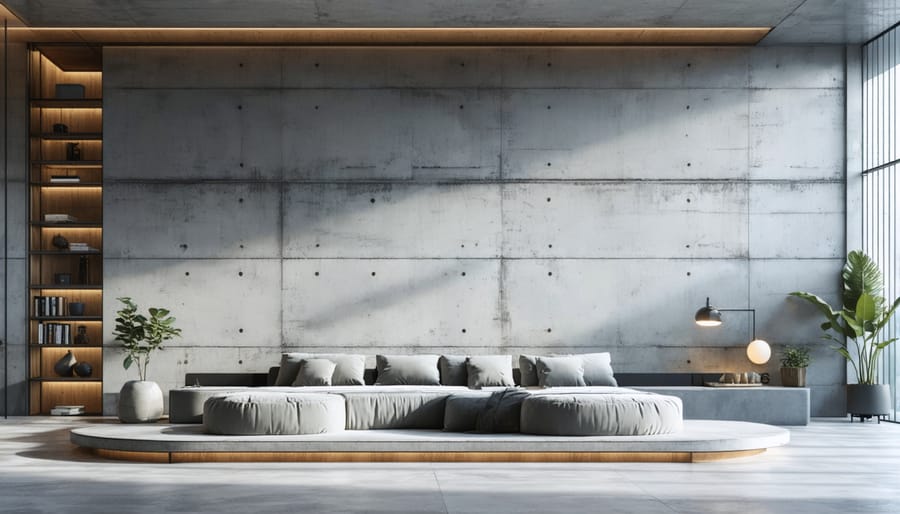Contemporary living room featuring smooth gray concrete fireplace surround with minimalist design