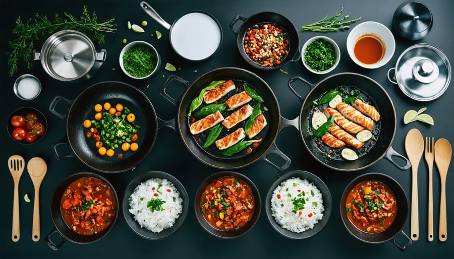 Three types of cookware including cast iron skillet, stainless steel pot, and nonstick pan on stovetop