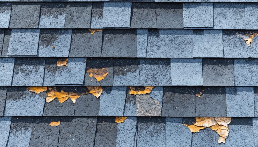 Close-up of weathered and damaged asphalt roof shingles showing curling and deterioration