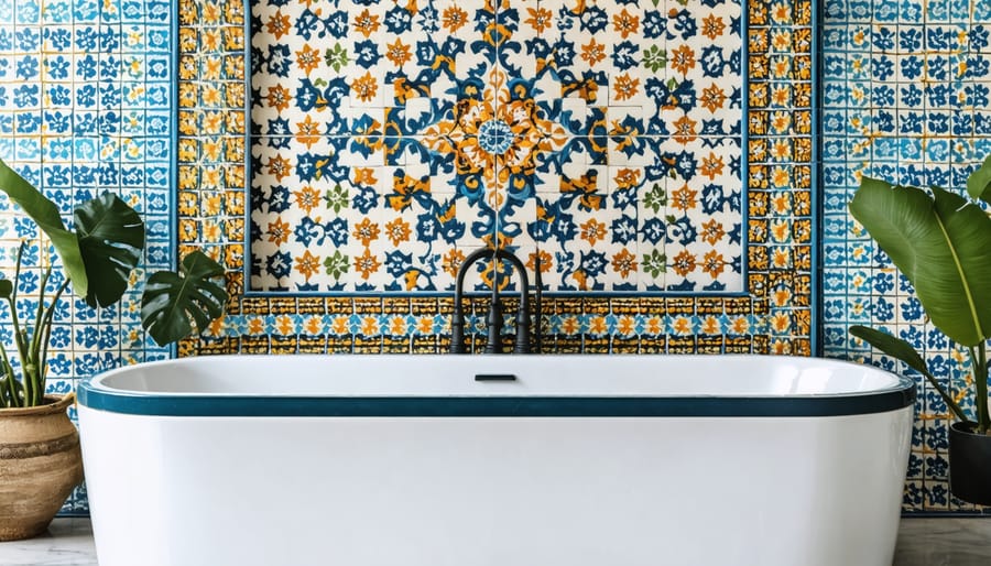 Modern fireplace with blue and white geometric patterned ceramic tile surround