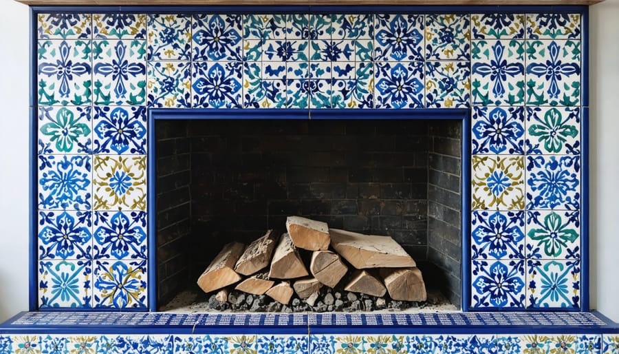 Colorful geometric patterned ceramic tiles on decorative fireplace hearth