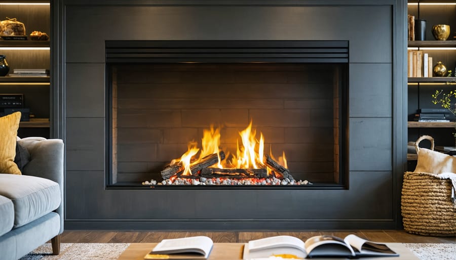 Modern direct vent gas fireplace with flames in contemporary living room