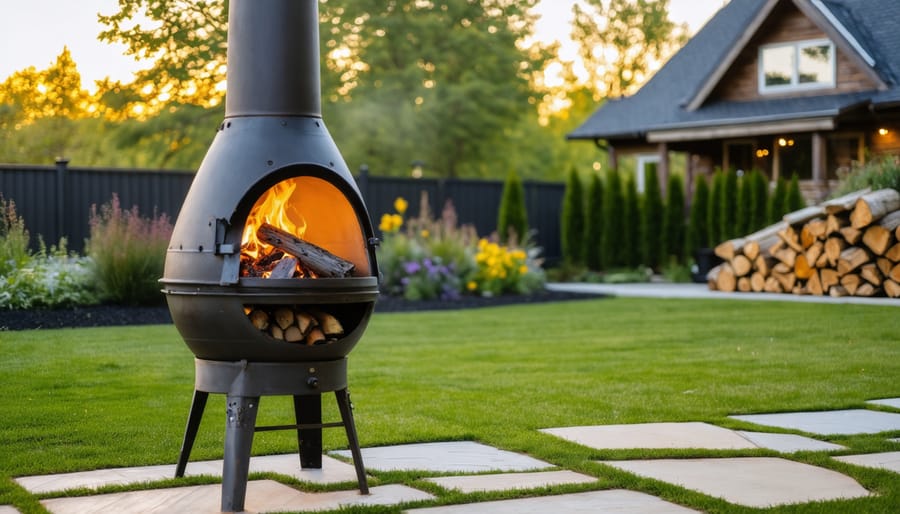 Modern cast-iron chiminea with a small clean flame on stone pavers, native plants and a covered stack of seasoned hardwood blurred in the background at golden hour.
