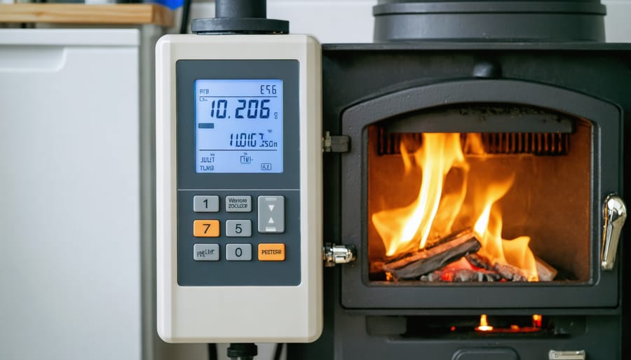 Digital electricity meter on home exterior wall displaying power usage