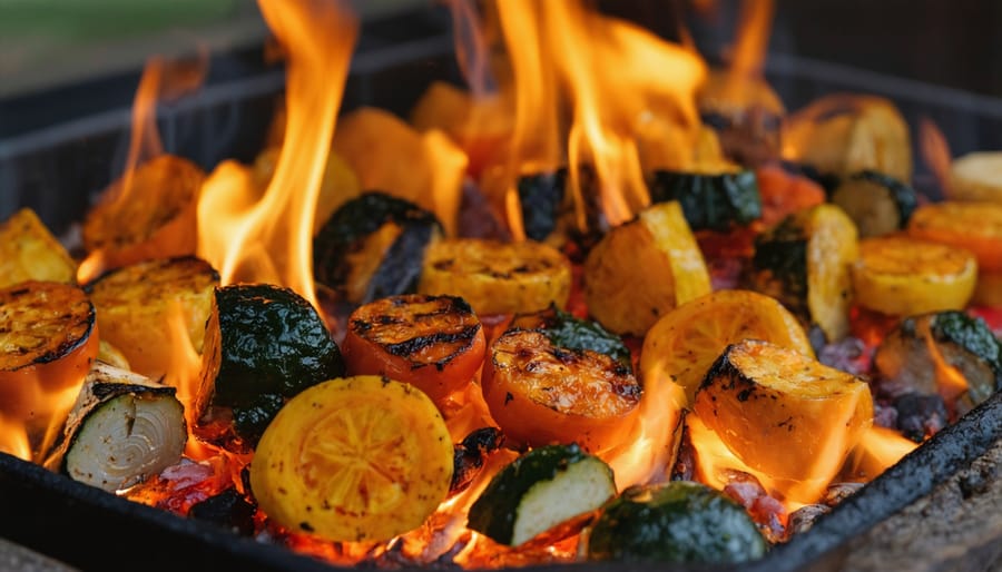Overhead view of charred roasted vegetables on cedar plank after fireplace cooking