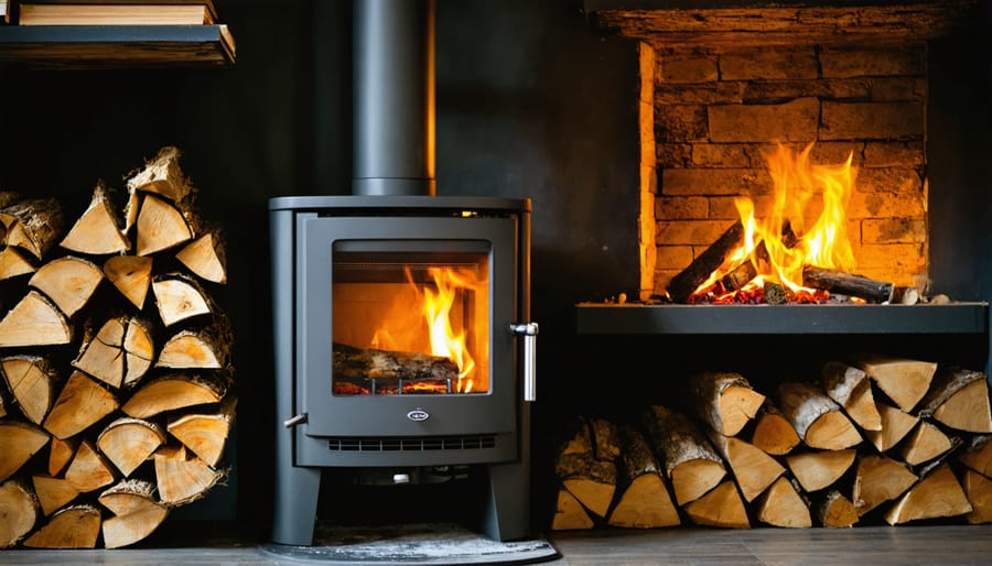 EPA-certified wood burning stove with visible flames in modern living room setting