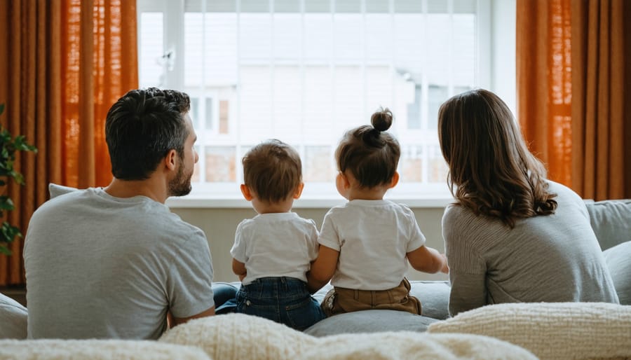 Family relaxing comfortably in living room heated with infrared heating system