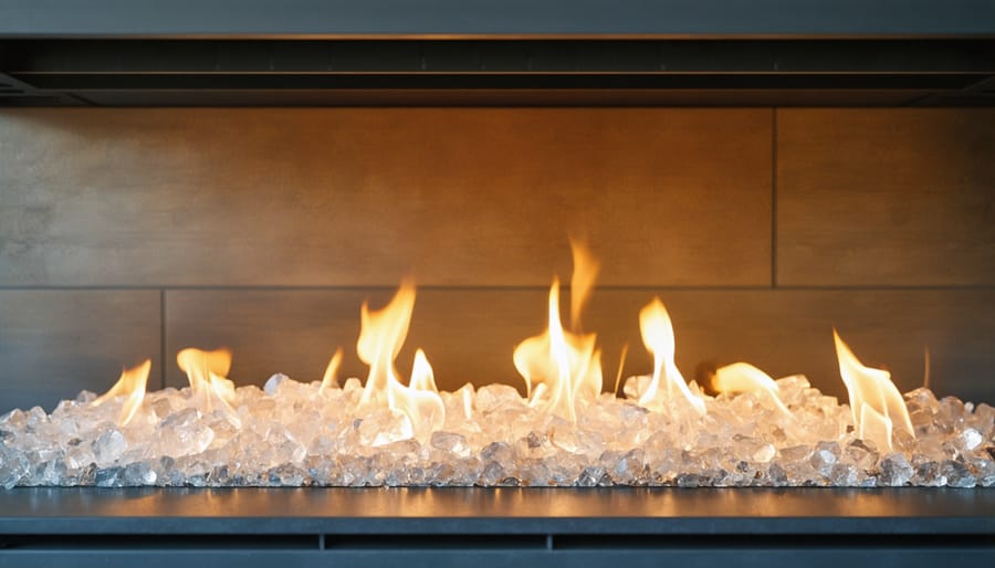 Close-up of modern fire glass media bed with blue crystals and flames in gas fireplace