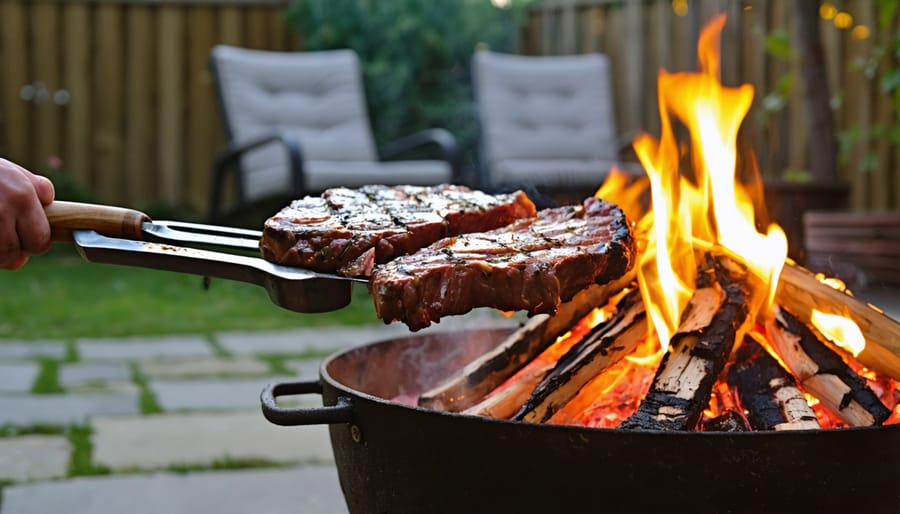Long-handled cast iron tongs with a wood-wrapped handle turning steaks on a swing-arm grill above a glowing backyard fire pit, with tripod frame and blurred patio chairs in the background.