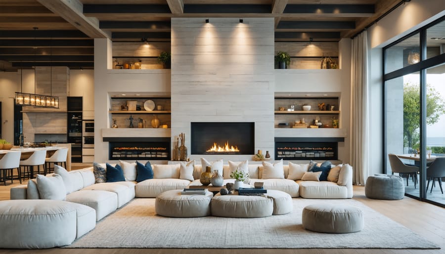 Two-story stone fireplace with wall sconces positioned at multiple heights creating dramatic lighting