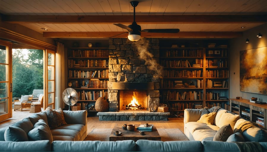 Cozy living room with a stone fireplace burning cleanly, faint smoke pulling into the chimney as a ceiling fan runs and a small floor fan near the hearth circulates warm air; comfortable seating, bookshelves, and an open doorway in the background.