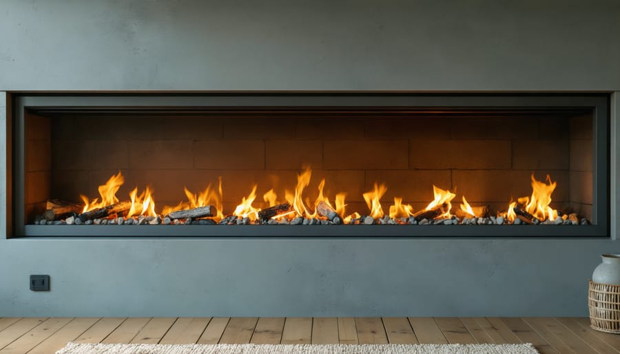 Living room with active stone fireplace showing natural air circulation and heat distribution