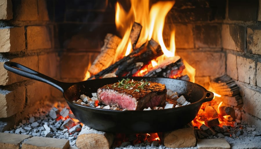 Cast-iron skillet searing steak over glowing embers inside a brick fireplace, with an enameled Dutch oven and stacked hardwood logs on the hearth in warm firelight, shallow focus.
