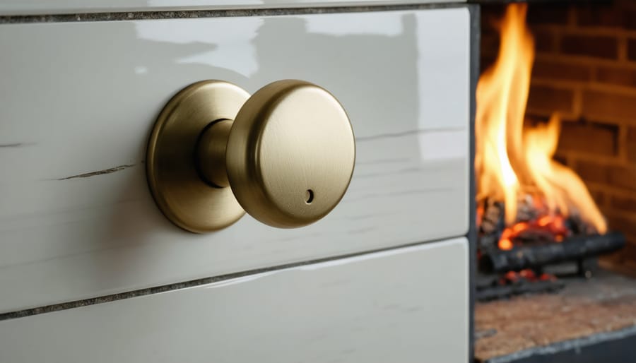 Chrome fireplace flue knob mounted on brick fireplace surround