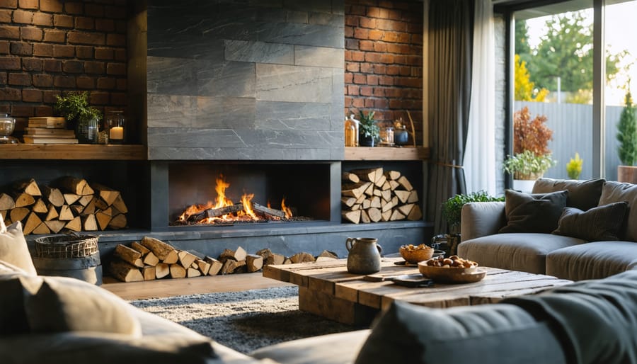 Modern rustic fireplace with reclaimed slate hearth, thin brick veneer surround, matte black steel doors, and reclaimed wood mantel, warmly lit with a blurred living room seating area and firewood basket in the background.