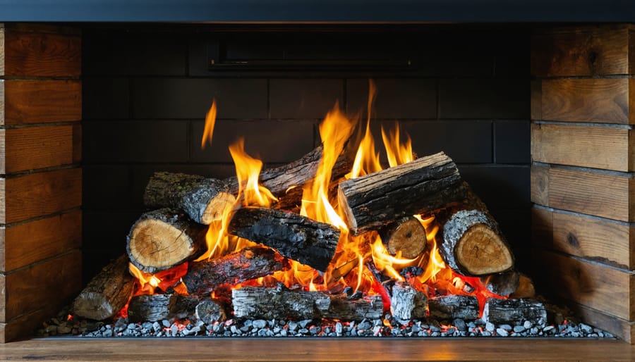 Close-up view through fireplace insert glass showing realistic log set and glowing flames