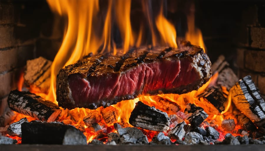 Ribeye steak with perfect sear marks cooking on grill grate over glowing fireplace coals