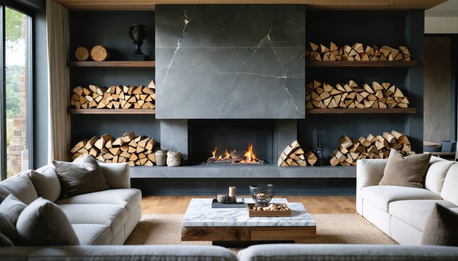 Eye-level view of a living room fireplace with a natural stone surround, minimalist wood mantel, and marble hearth, softly lit, with shelves of firewood and a few material swatches in the background.