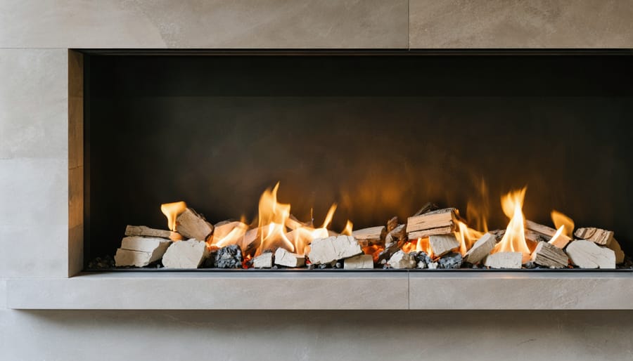 Close-up of fireplace surround material samples including stone tile and metal trim pieces