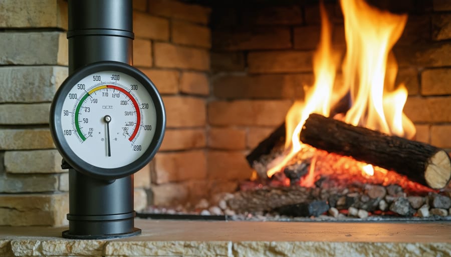 Close-up of a temperature-compensated metal stove thermometer on a black stovepipe next to a burning wood fireplace, with a stone hearth and living room softly blurred in the background.