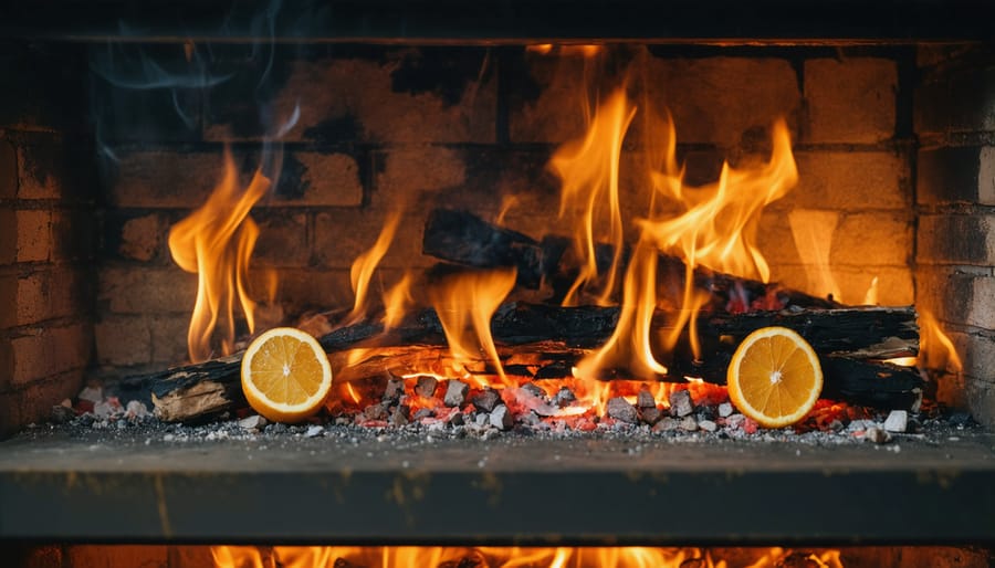 Modern fireplace setup with cookware positioned in different heat zones for multi-dish cooking