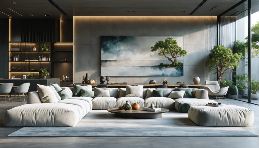 Floating furniture arrangement in large living room with seating grouped away from walls