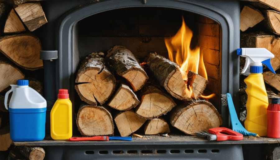 Chimney cleaning tools and safety equipment displayed on wooden workbench