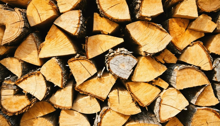 Full cord of stacked firewood against barn wall showing standard dimensions