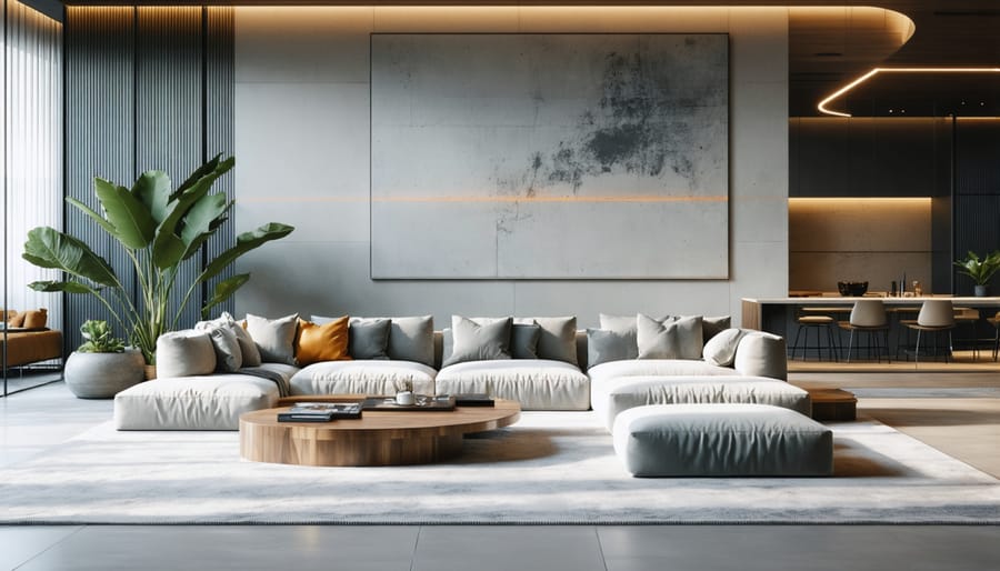 Living room furniture arranged to optimize air circulation around fireplace