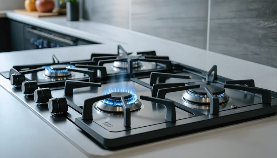Close-up of gas stove burner with blue flames on stainless steel cooktop