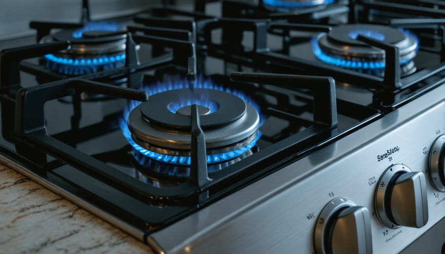 GE electric stove burner with heating element glowing and pot on cooktop